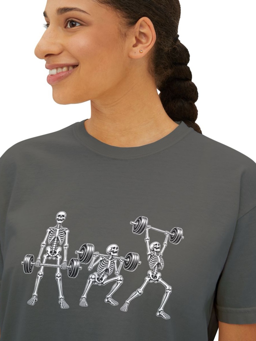 NEW! Women’s Gray Crop Tee Skeleton Weightlifting